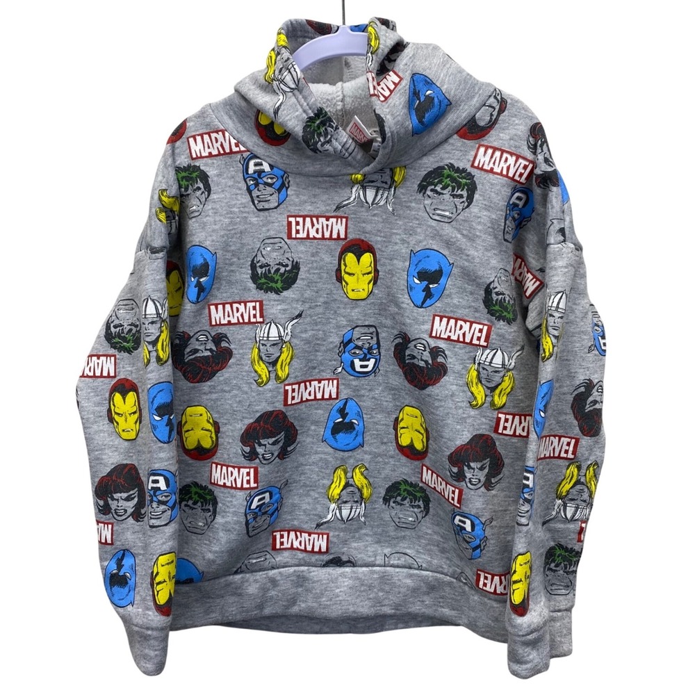 Marvel Comics‎ Hoodie Kids Size 10 Gray All Over Print Superhero Avengers Fleece